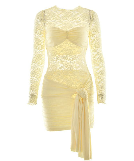 Black Lace Long Sleeve Ruched Mini Dress with Dramatic Asymmetrical Drape | Fall & Holiday Party Glam