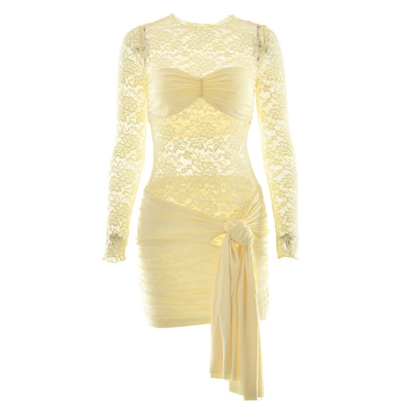 Black Lace Long Sleeve Ruched Mini Dress with Dramatic Asymmetrical Drape | Fall & Holiday Party Glam