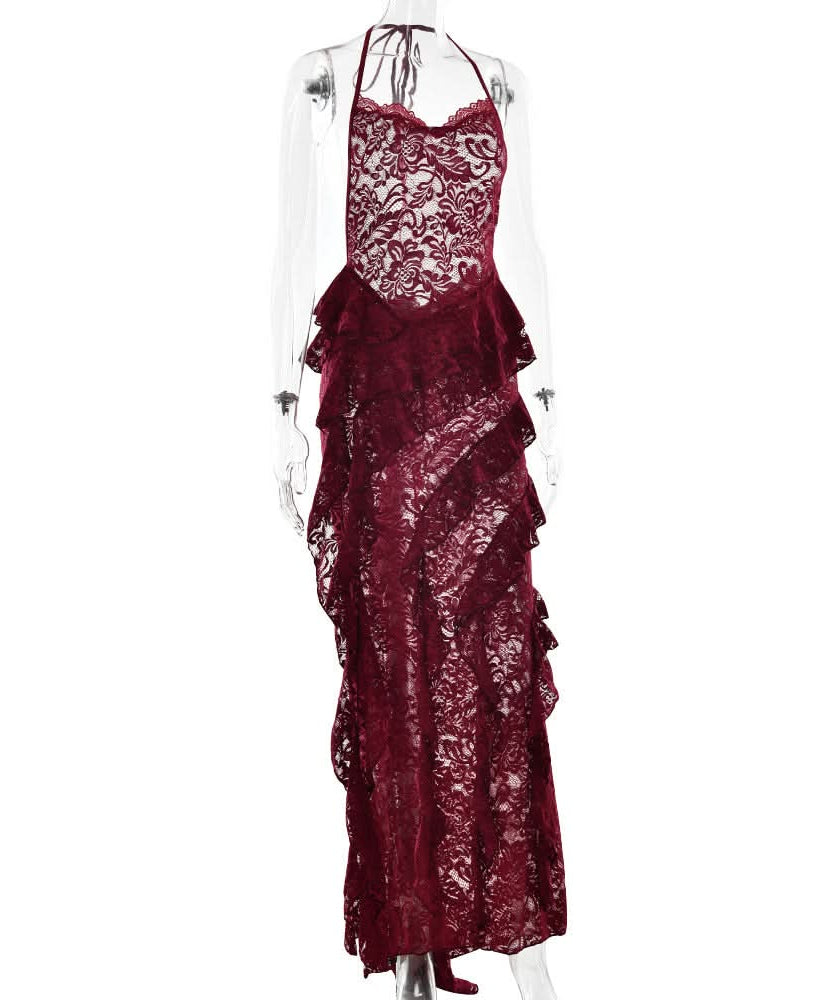 Enchanting Fall: Burgundy Lace Ruffle Halter Maxi Dress - Perfect for Halloween & Holiday Soirees