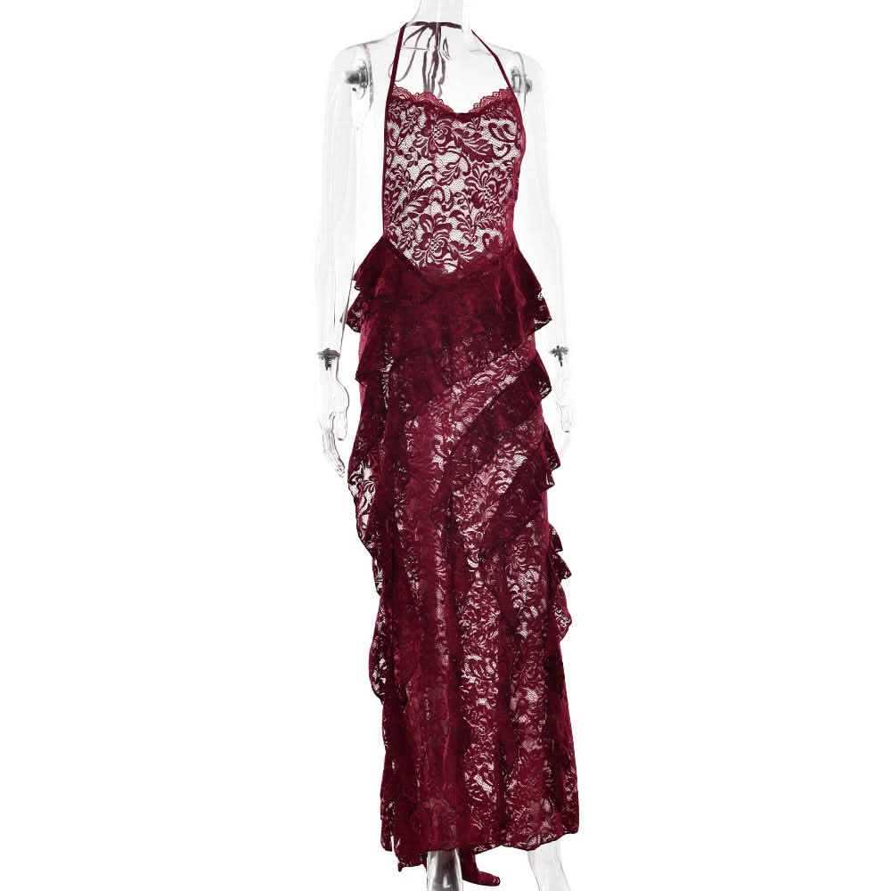 Enchanting Fall: Burgundy Lace Ruffle Halter Maxi Dress - Perfect for Halloween & Holiday Soirees