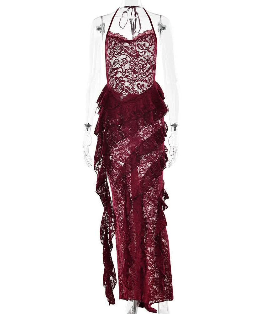 Enchanting Fall: Burgundy Lace Ruffle Halter Maxi Dress - Perfect for Halloween & Holiday Soirees