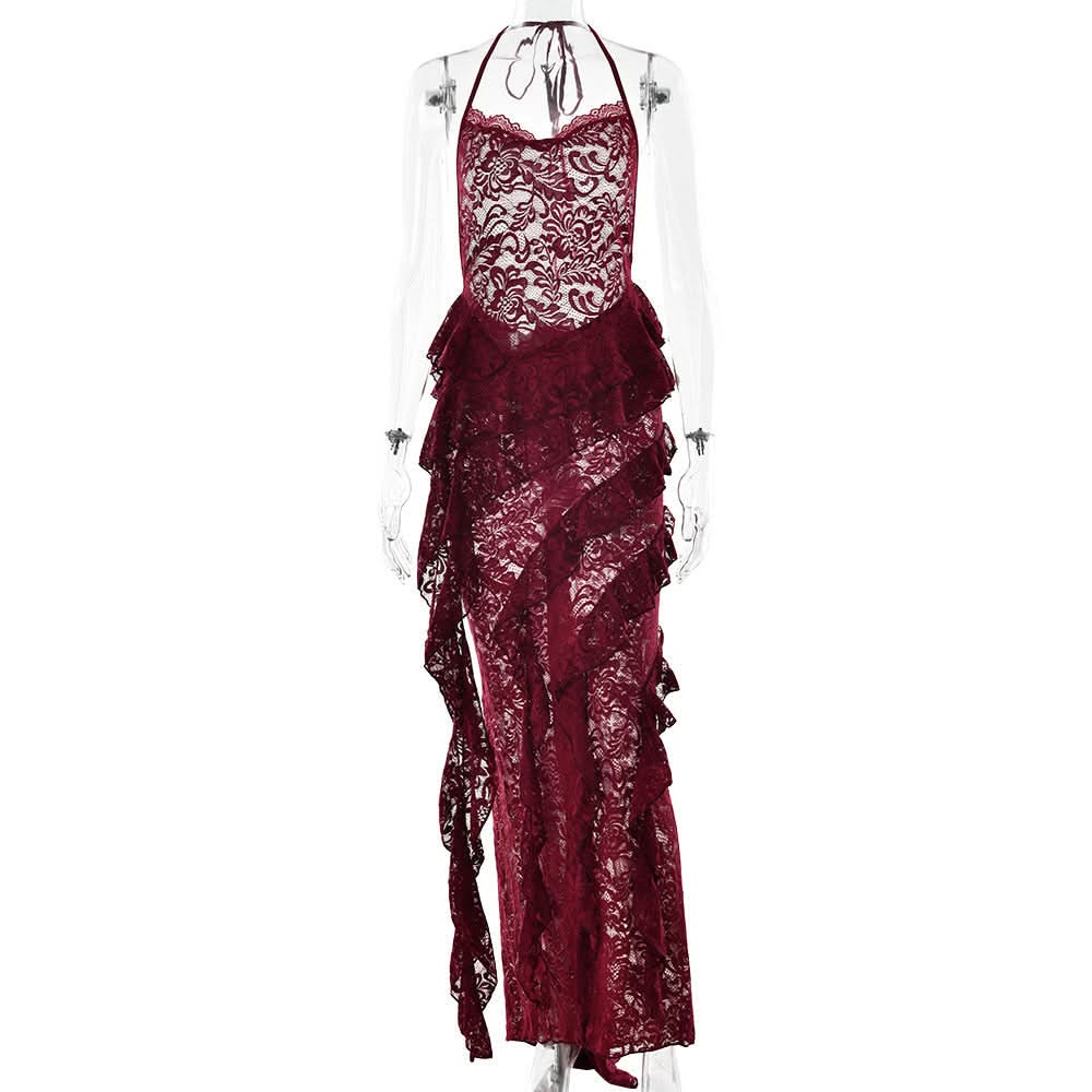 Enchanting Fall: Burgundy Lace Ruffle Halter Maxi Dress - Perfect for Halloween & Holiday Soirees