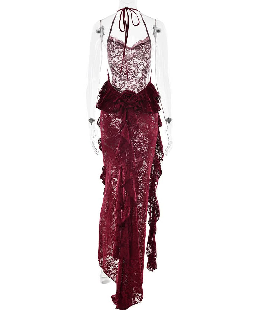 Enchanting Fall: Burgundy Lace Ruffle Halter Maxi Dress - Perfect for Halloween & Holiday Soirees