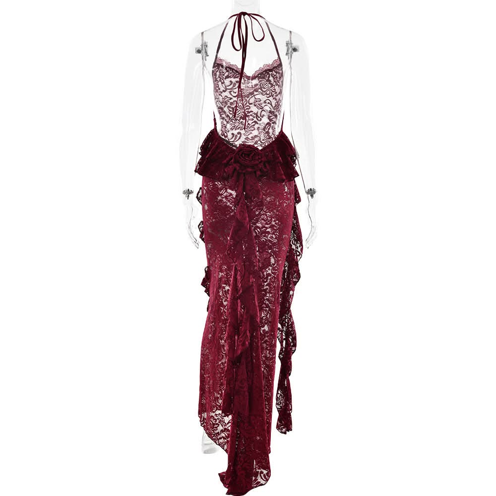 Enchanting Fall: Burgundy Lace Ruffle Halter Maxi Dress - Perfect for Halloween & Holiday Soirees