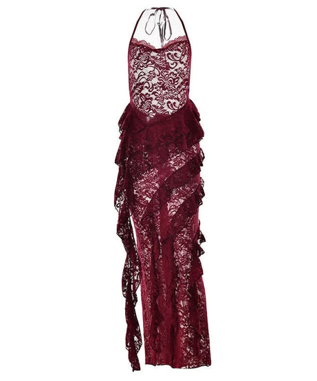 Enchanting Fall: Burgundy Lace Ruffle Halter Maxi Dress - Perfect for Halloween & Holiday Soirees