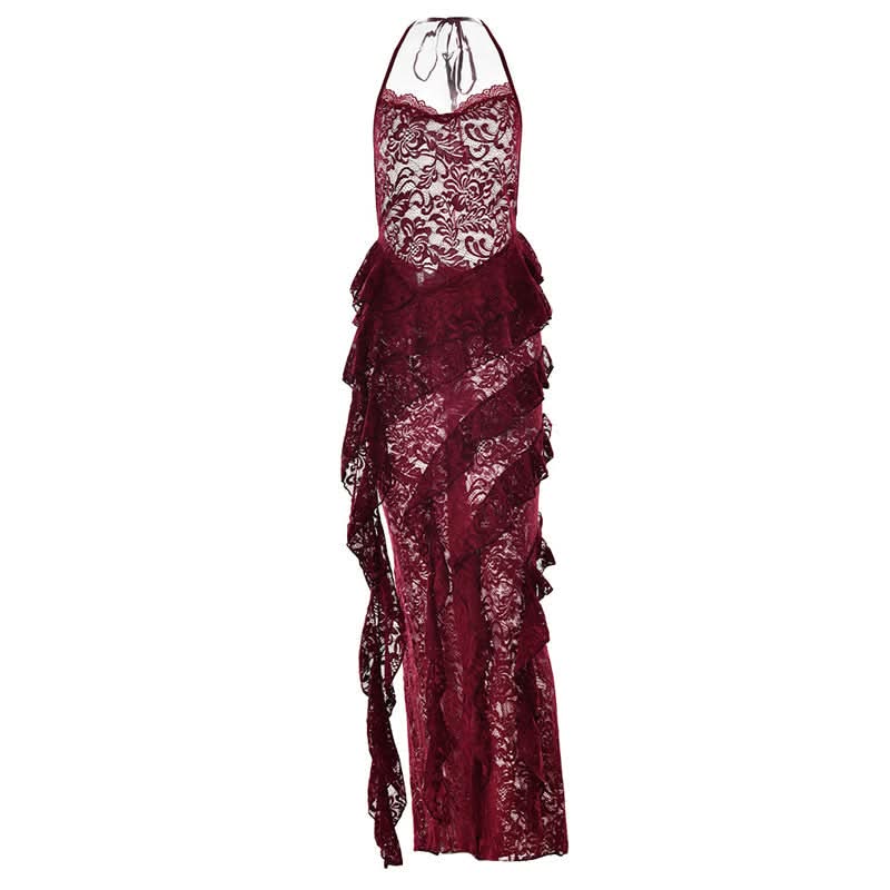 Enchanting Fall: Burgundy Lace Ruffle Halter Maxi Dress - Perfect for Halloween & Holiday Soirees