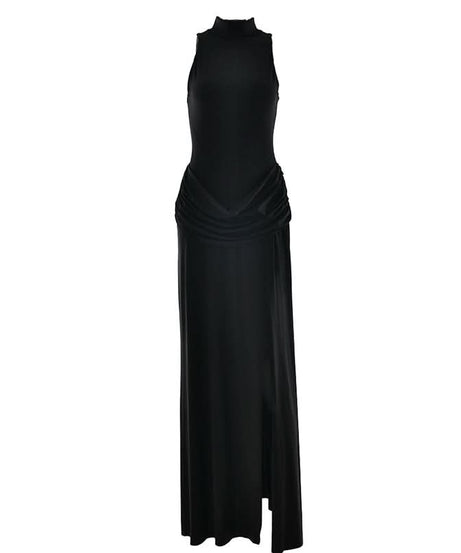 Sophisticated Black Mock Neck Ruched Maxi Dress with High Slit | Holiday Party & New Year's Eve Glam