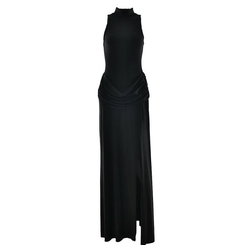 Sophisticated Black Mock Neck Ruched Maxi Dress with High Slit | Holiday Party & New Year's Eve Glam