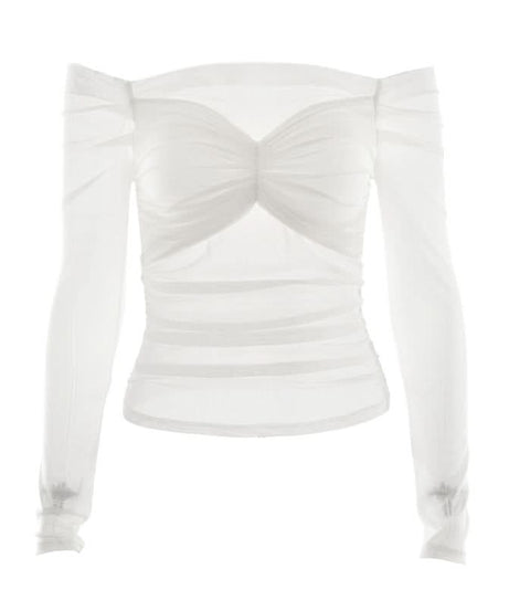 Sultry Burgundy Off-Shoulder Ruched Mesh Top - Fall & Holiday Chic