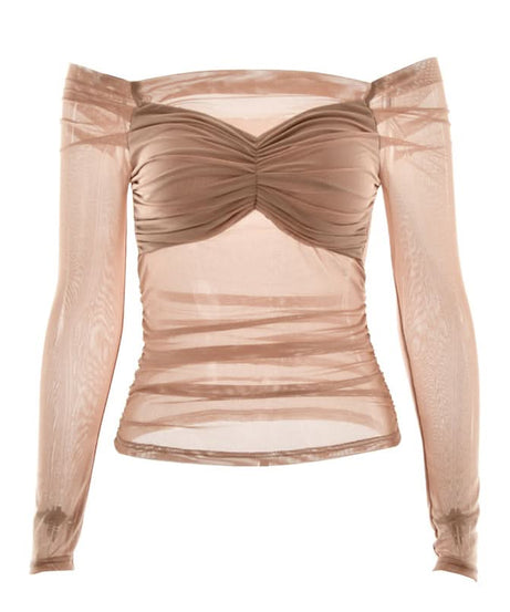 Sultry Burgundy Off-Shoulder Ruched Mesh Top - Fall & Holiday Chic