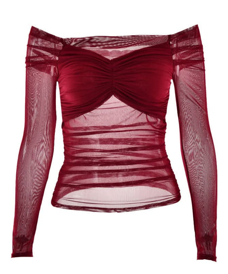 Sultry Burgundy Off-Shoulder Ruched Mesh Top - Fall & Holiday Chic