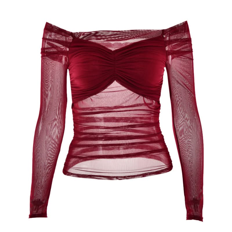 Sultry Burgundy Off-Shoulder Ruched Mesh Top - Fall & Holiday Chic