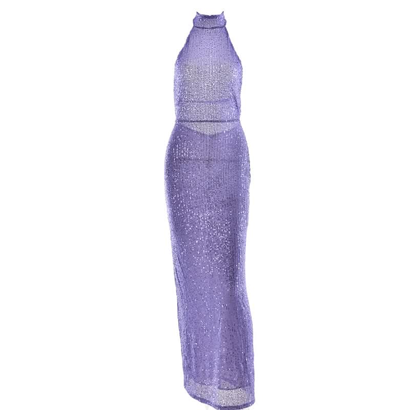 Head-Turning Lavender Sequin Halter Maxi Dress - Backless Glamour for Holiday & NYE