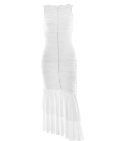 Winter White Ruched Bodycon Asymmetrical Ruffle Maxi Dress - Holiday Gala & Special Occasion Ready