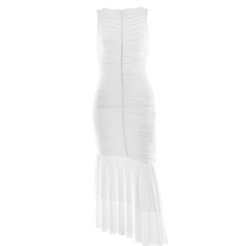 Winter White Ruched Bodycon Asymmetrical Ruffle Maxi Dress - Holiday Gala & Special Occasion Ready