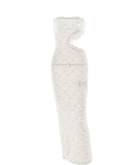 Alluring White Lace Strapless Maxi Dress with Side Cutout - Perfect for Fall Galas & Holiday Soirees