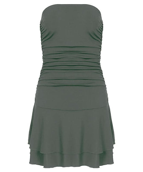 Chic Chocolate Brown Ruched Strapless Mini Dress - Flattering Tiered Fall Party Style