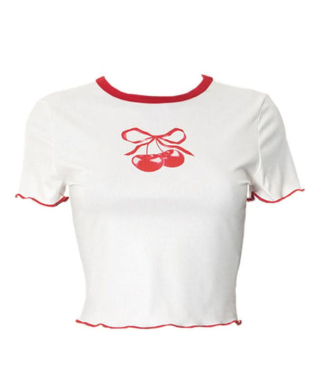 Sweet Cherry Bow Ribbed Crop Top - Ruffle Y2K Tee | Fall Casual Chic