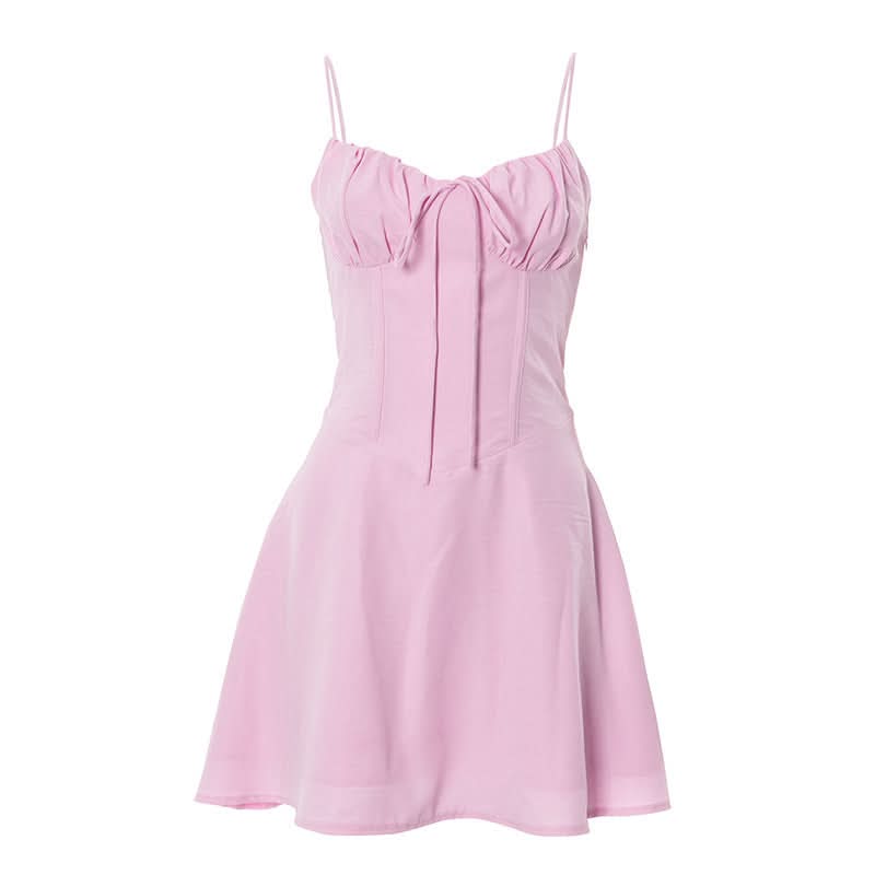 Sweetheart Pink Tie-Front Ruched Mini Dress | Flattering Corset Bodice for Fall Parties & Date Nights
