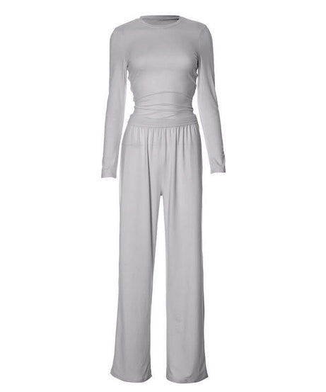 Cozy Fall Comfort: Blush Pink Long Sleeve Top & Wide Leg Pant Lounge Set for Women