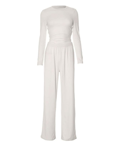 Cozy Fall Comfort: Blush Pink Long Sleeve Top & Wide Leg Pant Lounge Set for Women