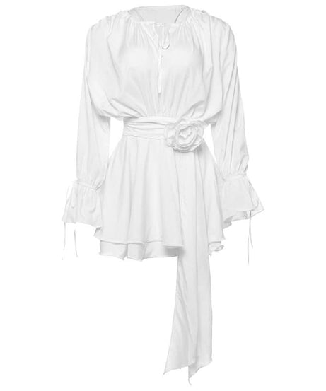 Romantic Pink Rose Mini Dress: Flared Sleeves & Ruched Charm for Fall Parties