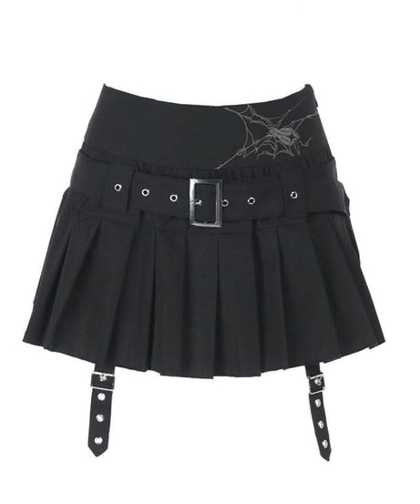 Gothic Spiderweb Pleated Mini Skirt | Buckle Belt & Garter Straps | Edgy Halloween & Fall Style
