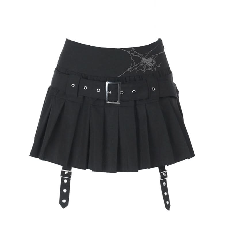 Gothic Spiderweb Pleated Mini Skirt | Buckle Belt & Garter Straps | Edgy Halloween & Fall Style