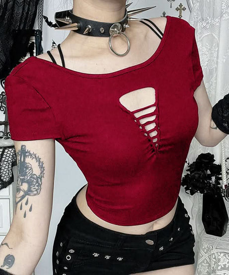 Edgy Gothic Distressed Cut-Out Crop Top - Spooky Season Style