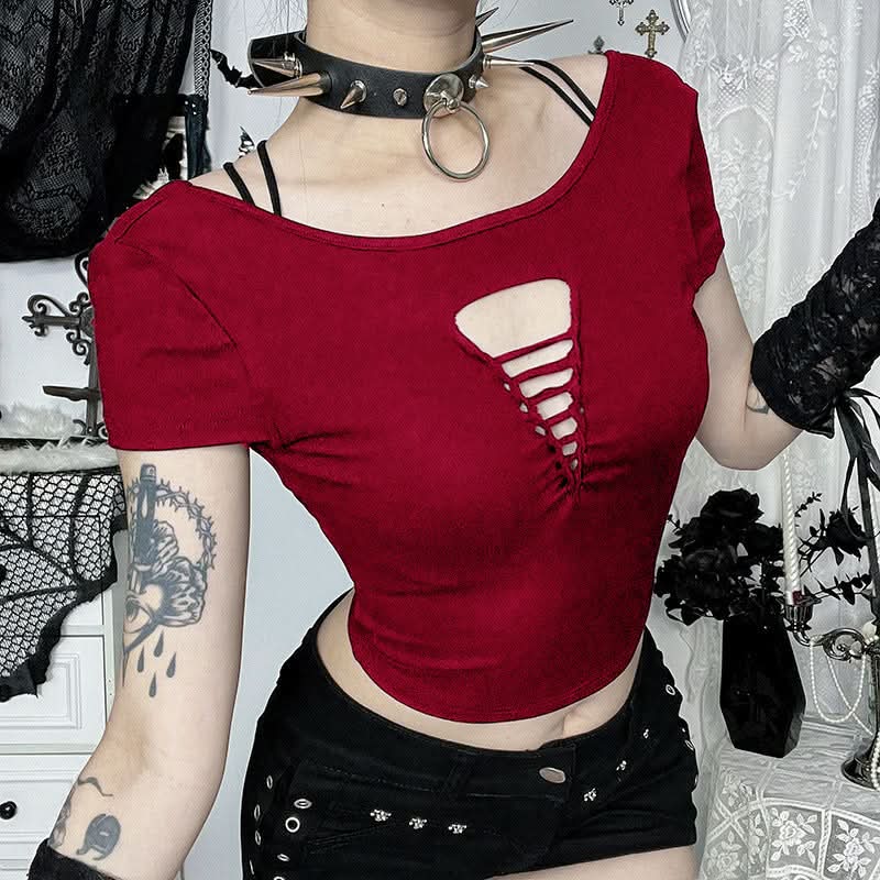 Edgy Gothic Distressed Cut-Out Crop Top - Spooky Season Style