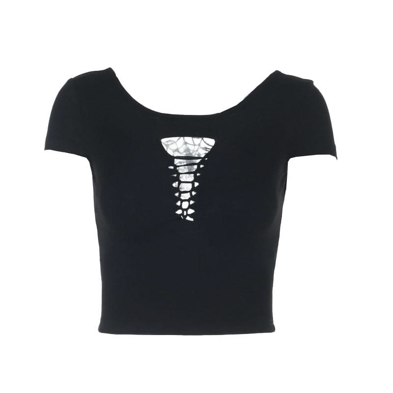 Edgy Gothic Distressed Cut-Out Crop Top - Spooky Season Style