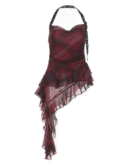 Fall Punk Plaid Asymmetrical Halter Top - Edgy Buckle & Ruffle for Halloween & Beyond