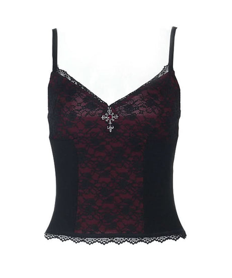 Gothic Vampire Red Lace Corset Cami Top - Spooky Season & Fall Fashion Must-Have