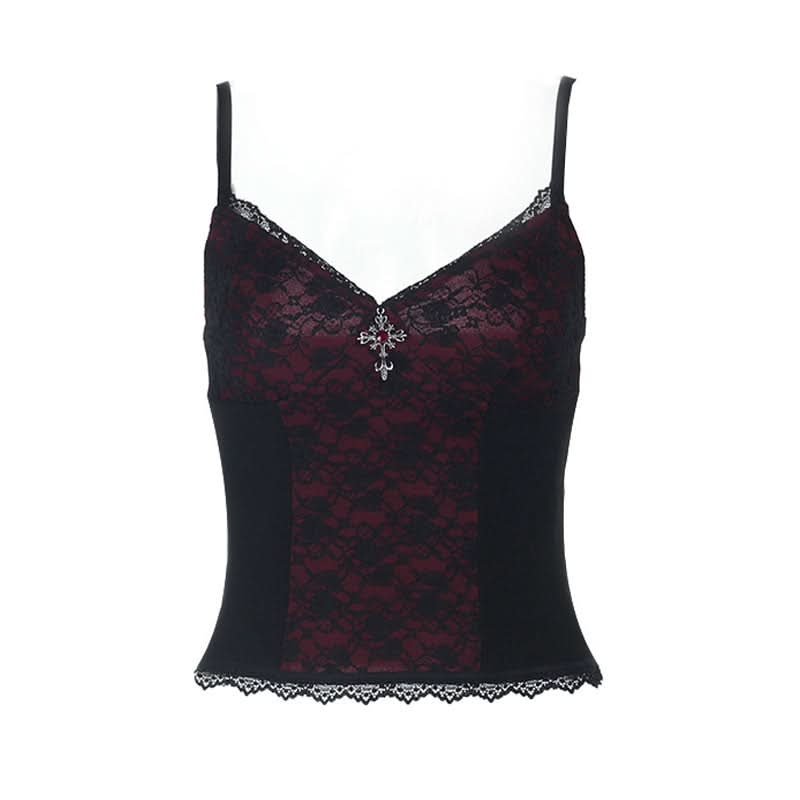 Gothic Vampire Red Lace Corset Cami Top - Spooky Season & Fall Fashion Must-Have