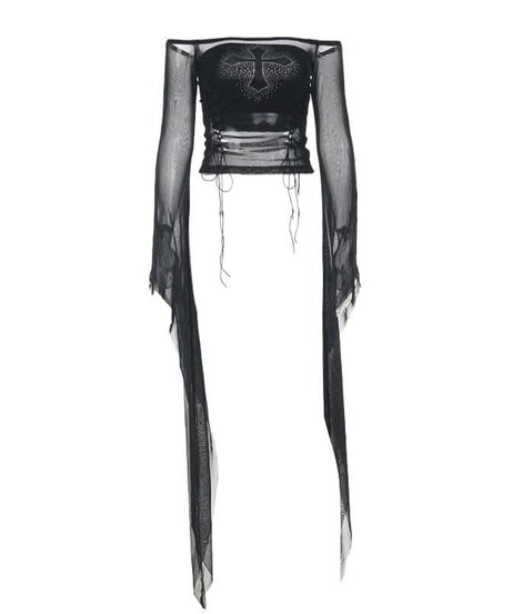 Bewitching Black Mesh Off-Shoulder Top: Rhinestone Cross & Flared Sleeves for Fall & Halloween