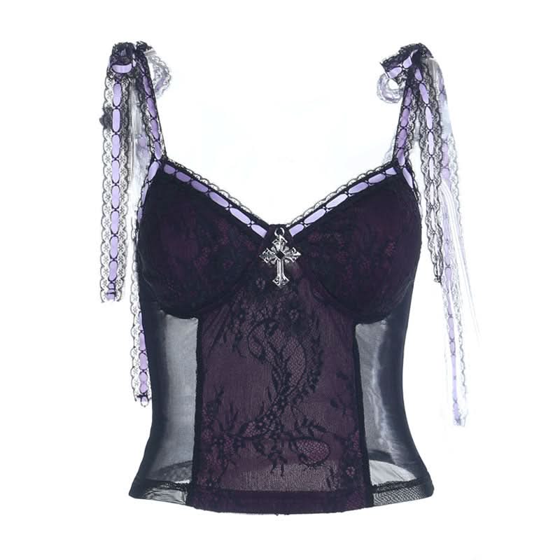 Hauntingly Chic Purple Lace Corset Cami Top - Gothic Romance & Spooky Season Style