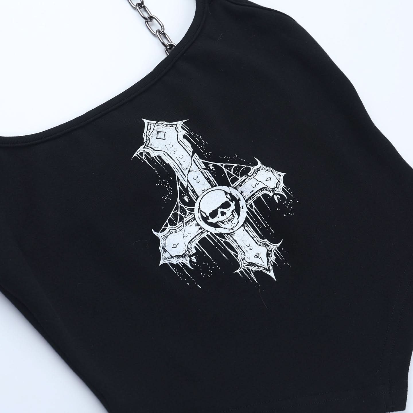 Edgy Gothic Inverted Cross Skull Chain Halter Crop Top - Spooky Season Style