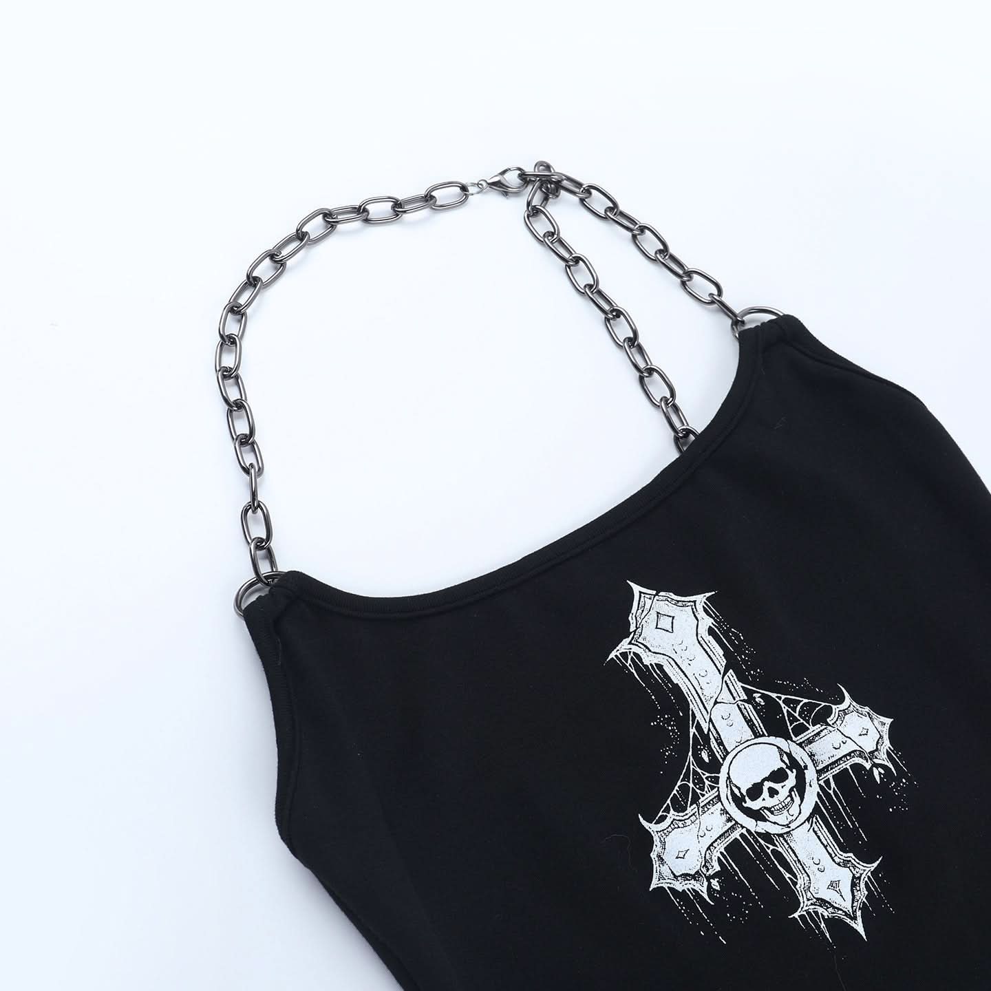 Edgy Gothic Inverted Cross Skull Chain Halter Crop Top - Spooky Season Style
