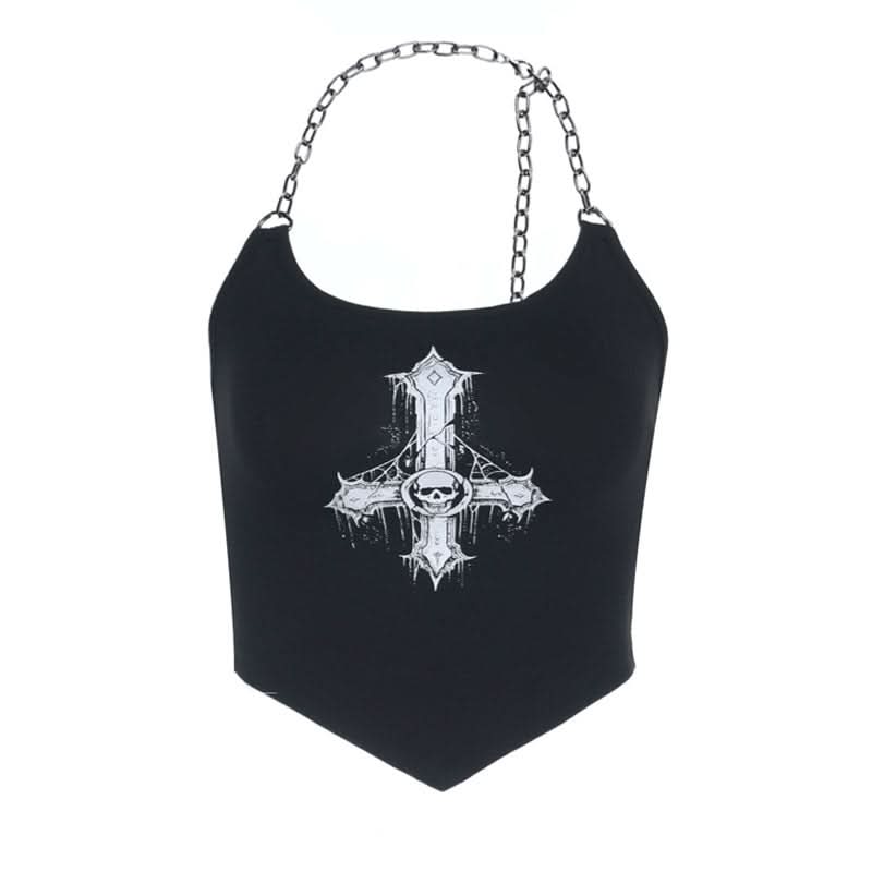 Edgy Gothic Inverted Cross Skull Chain Halter Crop Top - Spooky Season Style