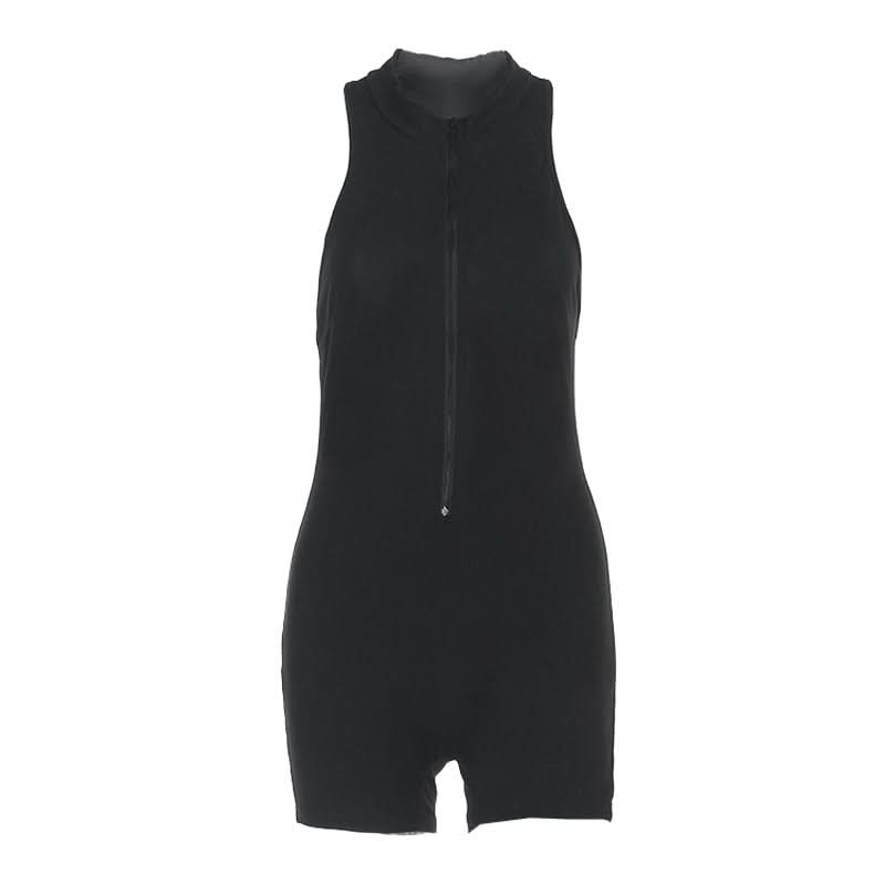 Sleek & Versatile Black Zip-Up Romper for Women - Effortless Fall Style & Active Comfort