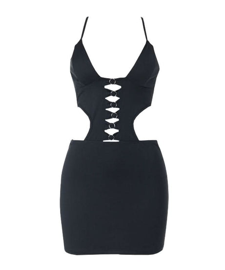 Sultry Black O-Ring Cut-Out Bodycon Mini Dress - Fall Night Out & Halloween Party Ready