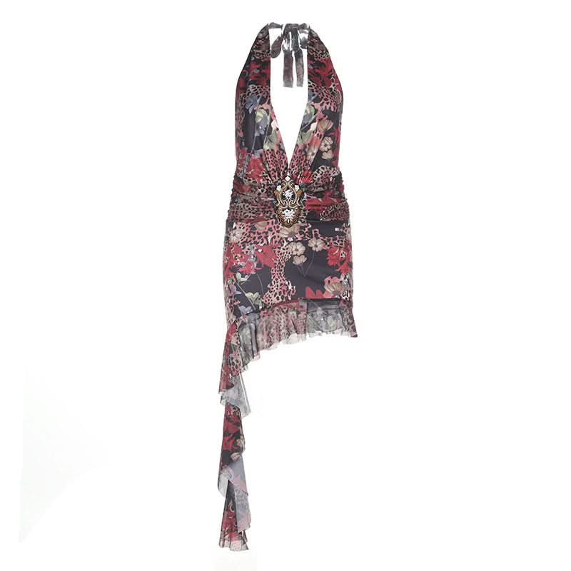 Head-Turning Autumn Allure: Leopard Floral Asymmetrical Halter Mini Dress with Deep V