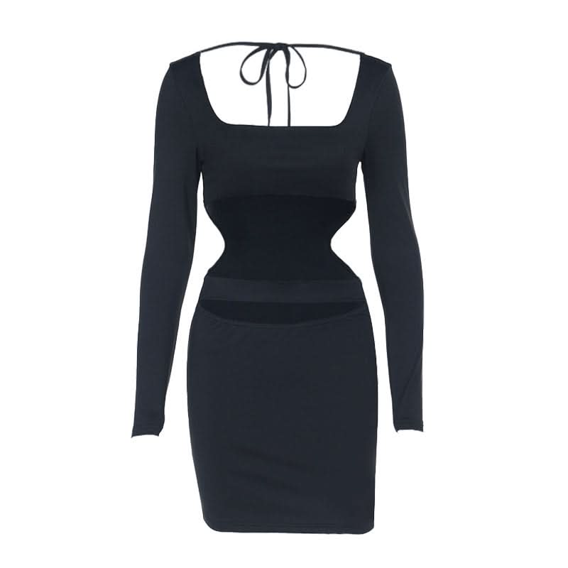 Black Long Sleeve Cut-Out Bodycon Two-Piece Set: Square Neck Crop Top & Mini Skirt - Fall Party & Night Out Ready