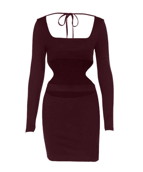 Black Long Sleeve Cut-Out Bodycon Two-Piece Set: Square Neck Crop Top & Mini Skirt - Fall Party & Night Out Ready
