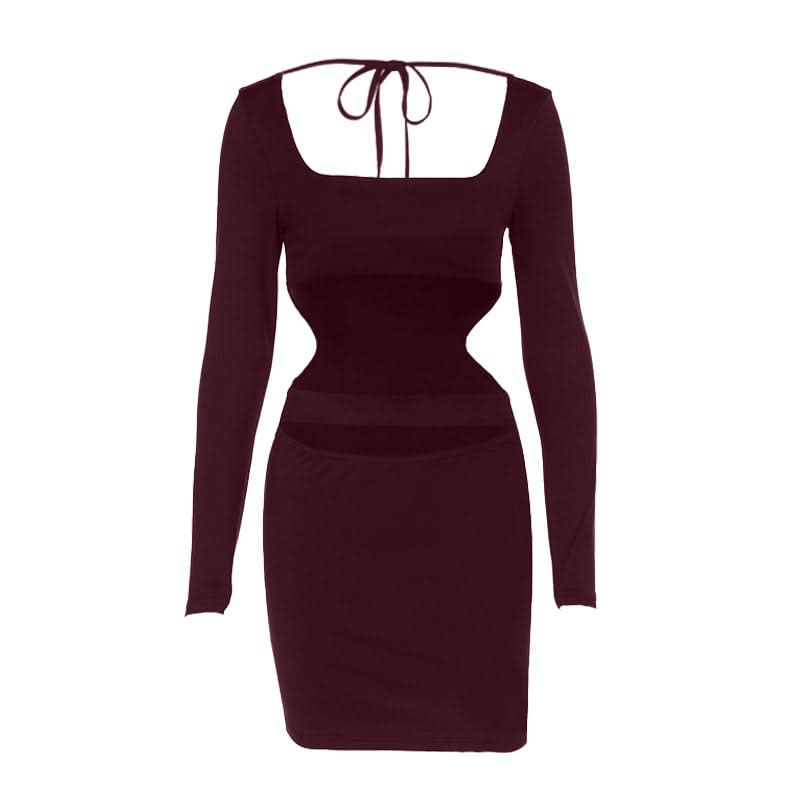 Black Long Sleeve Cut-Out Bodycon Two-Piece Set: Square Neck Crop Top & Mini Skirt - Fall Party & Night Out Ready