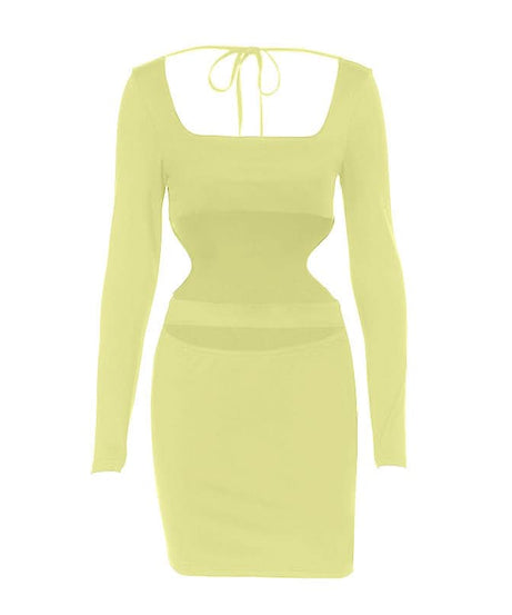 Black Long Sleeve Cut-Out Bodycon Two-Piece Set: Square Neck Crop Top & Mini Skirt - Fall Party & Night Out Ready