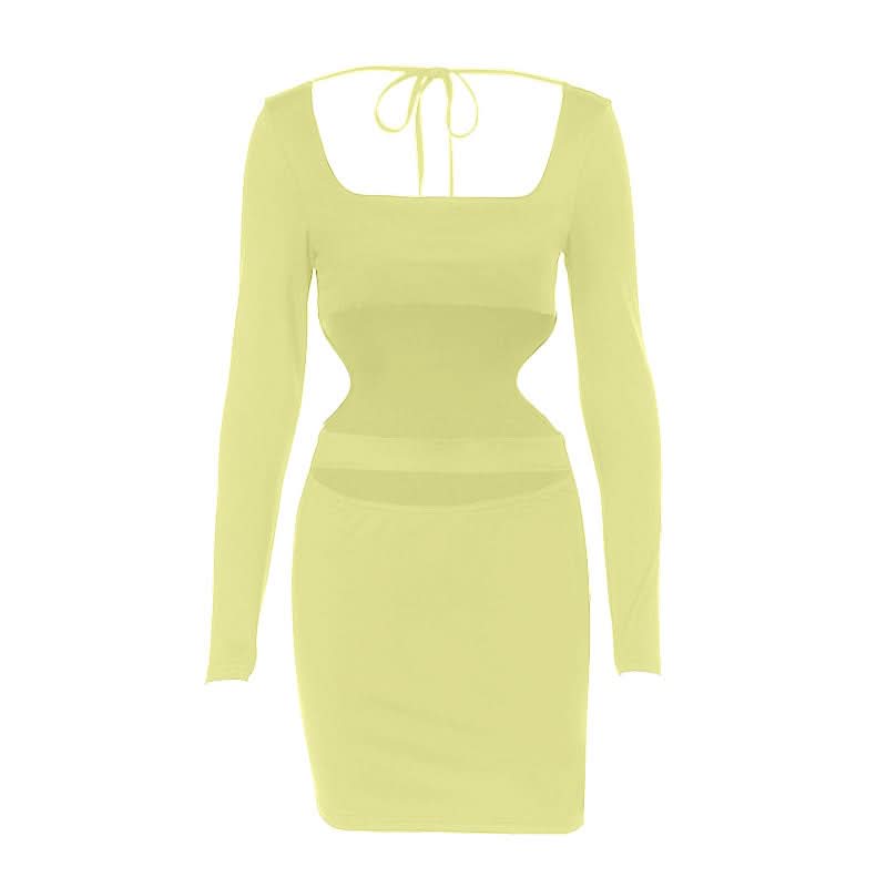 Black Long Sleeve Cut-Out Bodycon Two-Piece Set: Square Neck Crop Top & Mini Skirt - Fall Party & Night Out Ready