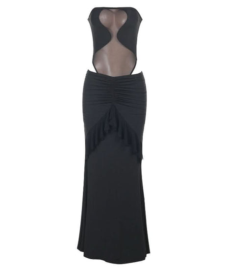 Alluring Black Mesh Cutout Maxi Dress - Strapless Ruched Ruffle for Fall & Holiday Parties