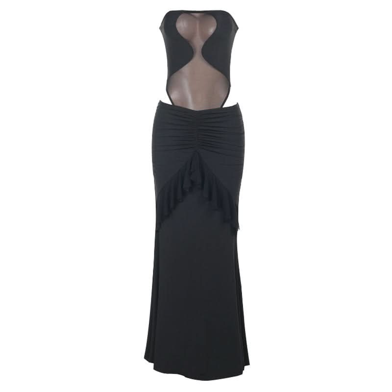 Alluring Black Mesh Cutout Maxi Dress - Strapless Ruched Ruffle for Fall & Holiday Parties
