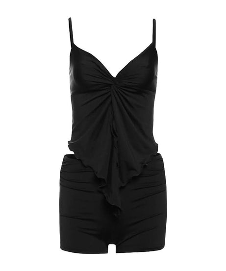 Cozy Chic Chocolate Brown Ruched Cami & Ruffle Shorts Lounge Set